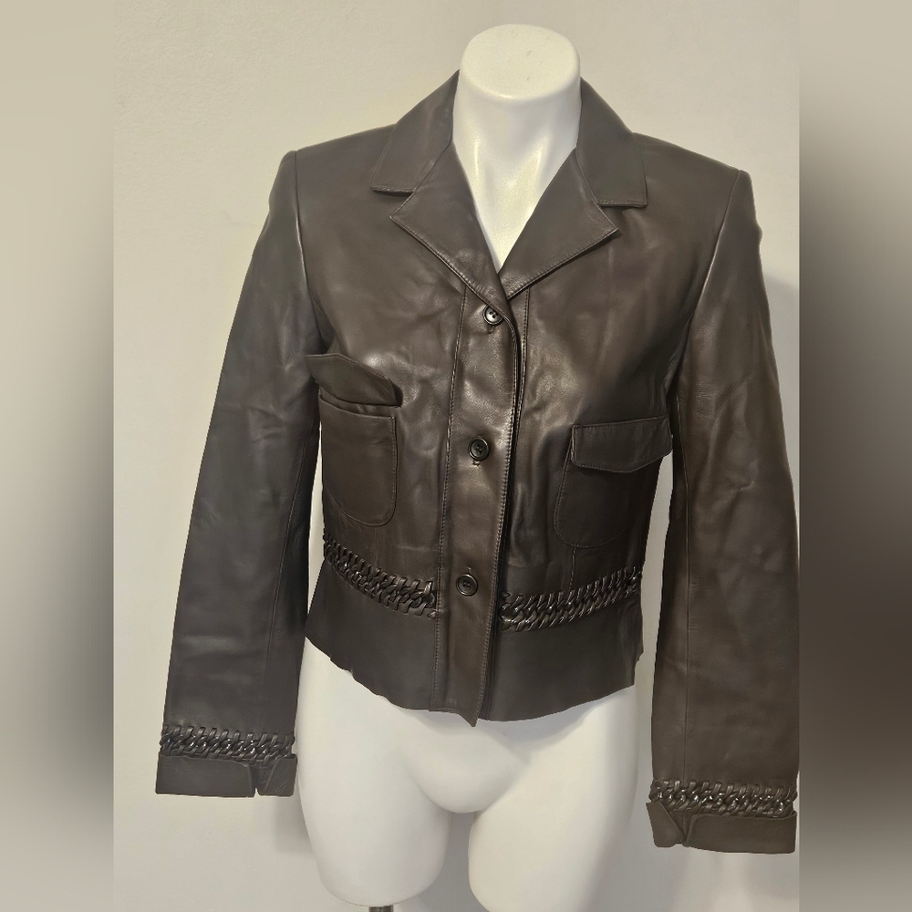 Carlisle brown leather jacket with distinctive whipstitch and chain details - Picture 2 of 8